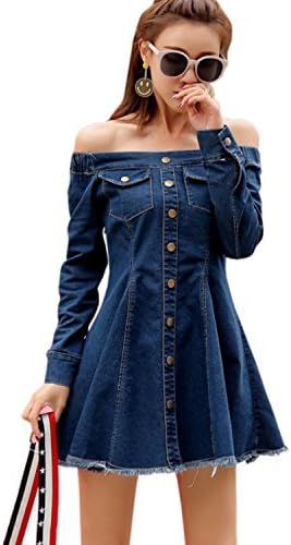 Amazon Co Jp ワンピース レディース 膝丈 長袖 きれいめ オフショルダー デニム タイプ Aライン フレア モデル Mサイズ Lovetiara 服 ファッション小物