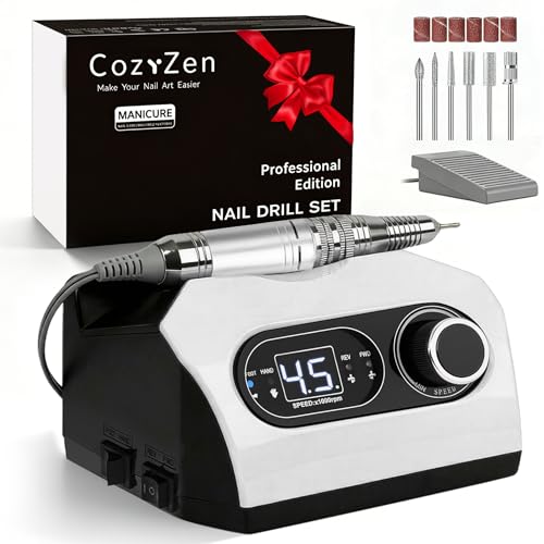 CozyZen Lima Eléctrica de Uñas Profesional 35000 RPM con Pedal | Máquina de Lijado de Uñas Enchufable con Pantalla LED, Control de Velocidad, 6 Fresas para Acrílico, Gel, Hogar y Salón
