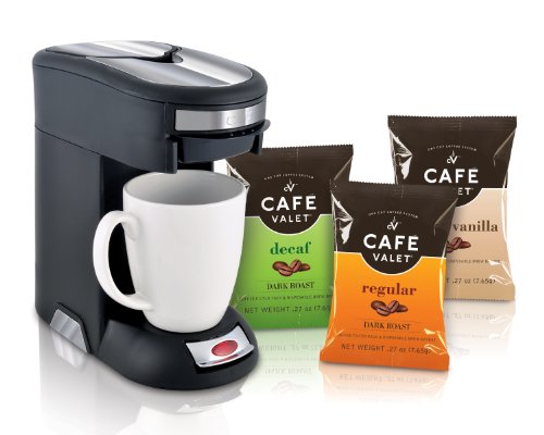 Click Here to See More Images Café Valet Black/Silver Single Serve Coffee Brewer Starter Kit/Combo, Includes 10-Count Variety Pack of Exclusive Café Valet Coffee