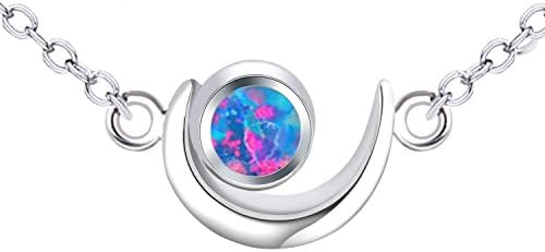 KELITCH 925-Sterling-Silver Chain Moon Design Blue-Red Synthetic-Opal Stone Pendant Necklace
