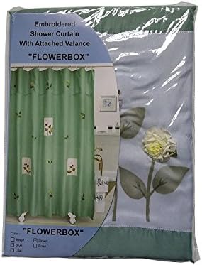 Flowerbox Flower Design Fabric Shower Curtain With Attached Macrame Embroidered Valance, Green, 70"x72"
