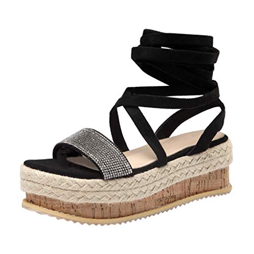 Tantisy ♣↭♣ Summer Fashion Sandals Sequin Cross-Tied Weave Thick-Bottom Roman Single Shoes Chunky Heels for Womens Black - Thumbnail 6