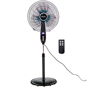 Black pedestal fan with spinning blades