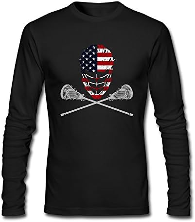 Men's Lacrosse Helmet Crossed Sticks Cotton Athletic Long-Sleeve Tshirt Crew-Neck