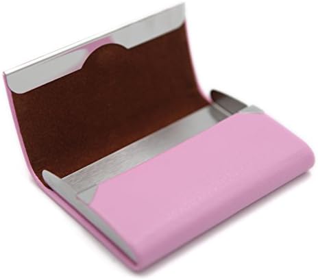 Business ID Credit Card Wallet Holder/Slim Stainless Steel + PU Leather Card Case with Magnetic Shut - Horizontal Version Pink