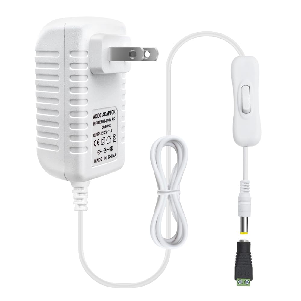View 1 of 12V Power Supply, 12 Volt 1A 12W DC Power Supply with On Off Switch, White Switching LED Power Adapter, AC 110V to 12V Transformer Plug for LED Strip Lights with 5.5/2.1 DC Female Connector