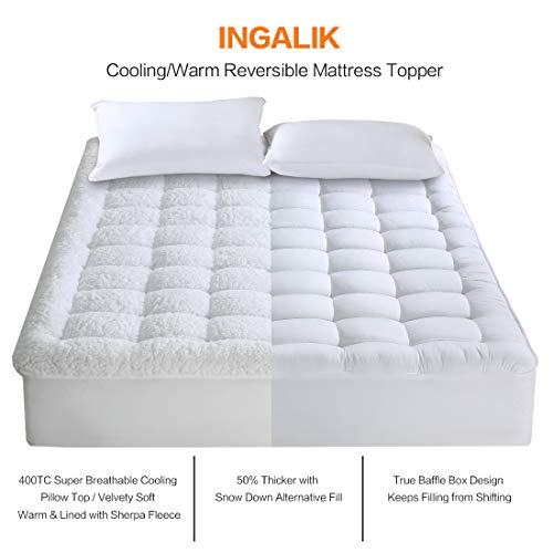 INGALIK Queen Mattress Topper - Cooling 400TC Pillow Top Mattress Pad Cover/Warm Plush Sherpa Fleece Reversible Quilted Fitted Mattress Protector with 8-21 Inch Deep Pocket for All Season - Thumbnail 2