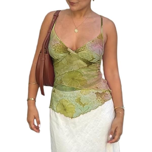 Women Y2k Lace Trim Cami Top Spaghetti Strap Sheer Mesh V