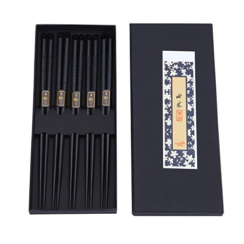 ZxU 5 Pair Natural Hardwood Wooden Japanese Chopsticks Set with Gift Box (Carved)