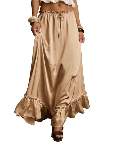 Bsubseach Satin Maxi Skirts for Women Ruffle Long Skirt with Pockets Coffee at Amazon