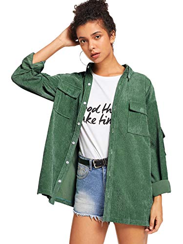 ROMWE Women's Collar Button Down Roll up Long Sleeve Casual Jacket Outwear with Front Pockets Dark Green Small