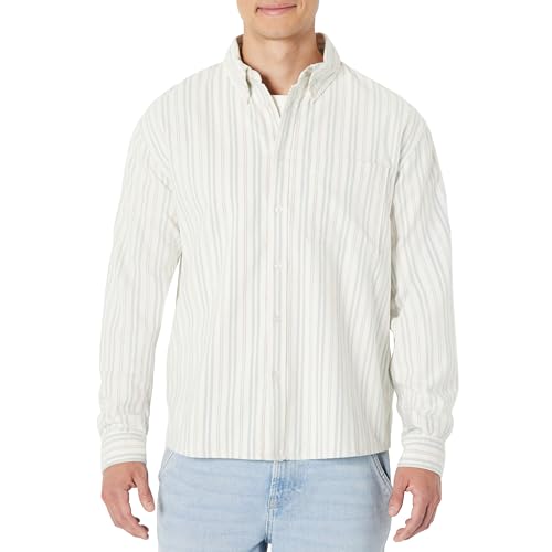Amazon Essentials Men's Modern Oversized-Fit Cotton Button-Down Oxford Shirt, Ivory Light Sage Green Stripe, X-Large