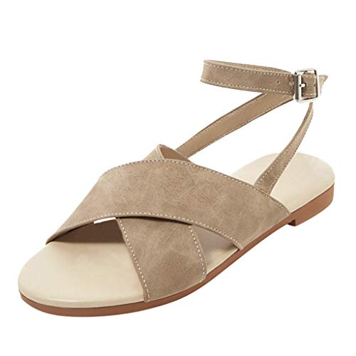 Fainosmny Womens Shoes Flat Sandals Belt Buckle Sandals Open Toe Beach Shoes Summer PU Leather Sandals Water Shoes Beige