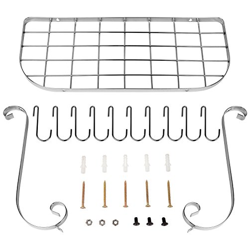 VDOMUS Square Grid Wall Mount Pot Rack, Bookshelf Rack with 10 Hooks, Kitchen Cookware, 24 by 10-inch (Sliver) - Thumbnail 4