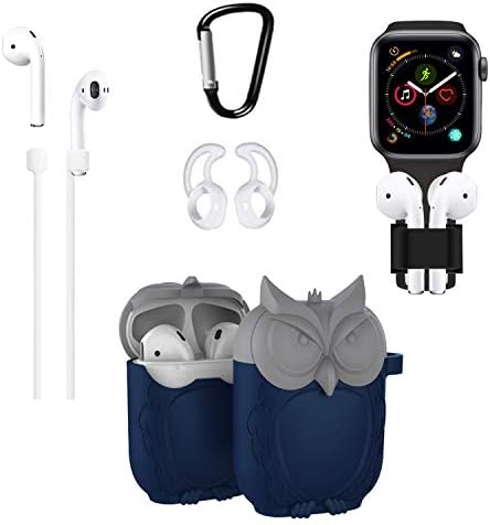 Parkho Airpods Case Keychain, Unique 3D Owl AirPod Charging Cartoon Protective Cover for Airpods Skin Accessories Key Chain/Airpods Ear Hook Grips/Airpods Clips/Watch Band Holder (Grey&Blue)