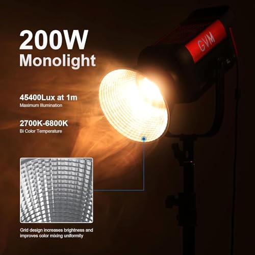 GVM PRO SD200B COB Bowens 200W DMX Control LED Video Light 2700K-6800K for Studio Photography, 12 Light Stage Effects, Film Light