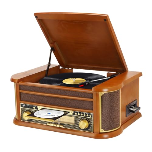 9 in 1 Turntable with Bluetooth, AM/FM Radio, CD and Cassette Player, USB Playback, Remote Control, Built-in Speakers, Vintage Turntable