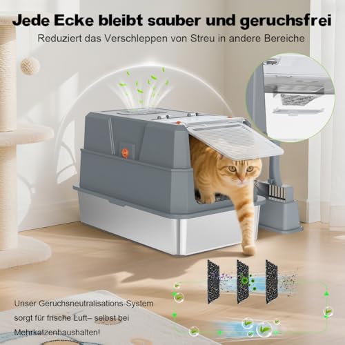 SZEE XL Stainless Steel Cat Litter Tray with 180° Hinged Lid, Large Closed Cat Litter Tray Stainless Steel with Lid, 59 x 38 x 38 cm, Dark Grey
