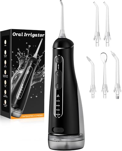 Jet Dentaire Hydropulseur Portable, Hydropulseurs et Irrigateurs 5 Modes 20 Niveaux & 3 Intensités, Réservoir 300ml à Fond Détachable, Irrigateur Sans Fil IPX7, Sans BPA, Silencieux