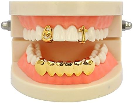 New Custom Fit 14k Gold Plated Upper Canine Classic Teeth Grillz Caps Top &amp; Bottom Grill Set