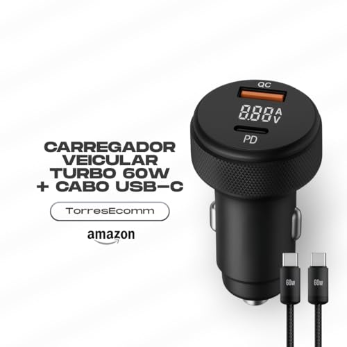 Carregador Veicular para Automóvel Turbo 60W com Duas Entradas, Carregamento Super Rápido + Cabo USB-C Premium Compatível com Dispositivos iOS e Android