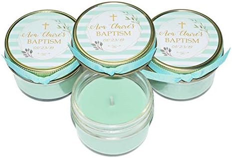 24 Baby Girl Baptism Favors | Personalized soycandles | Christening Table Decor, Centerpiece | Adult, Twins, Neutral Gender | Favor Box Filler, Bags | Gold (Mint Green)