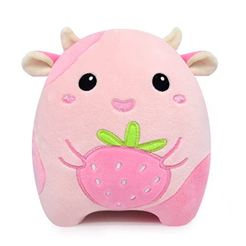 Strawberry Cow Plush Pillow Toy, 8” Kawaii Strawberry Cow Stuffed
