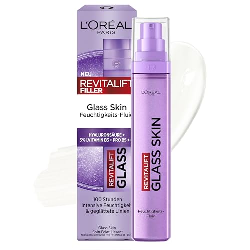 L'Oréal Paris Glass Skin Fluido Idratante, per una pelle rimpolpata e luminosa, con acido ialuronico + 5% [Vitamina B3 + Pro B5 + C], fluido viso anti-età levigante, Revitalift Filler, 50ml