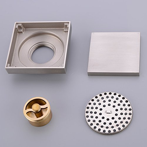 RANDOM 4 inch Square Shower Floor Drain Solid Brass Bathroom Tile Insert Floor Drainer with Removable Strainer Cover Brushed Nickel Finish Anti-clogging for Kitchen, Washroom, Garage and Basement.