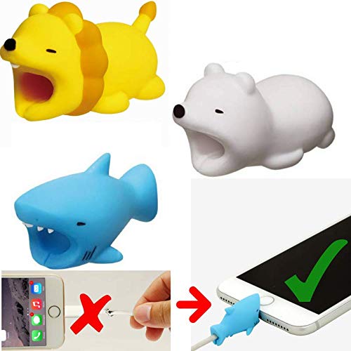 Embrium 3 Pcs Lightning Cable Bite Protectors (Lion, Shark, Polar Bear) Cute Animal Cord compatible with iPhone (5, 5S, SE, 6, 6S, 7, 8, X)