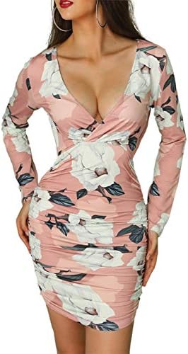 floral print long sleeve ruched bodycon dress
