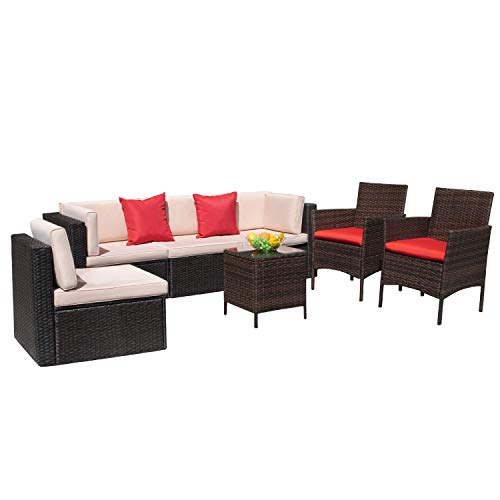 VICTONE 7 Pieces Patio Furniture Sets All Weather Sectional Sofa Wicker Rattan Patio Conversation Set with Chairs and Glass Table (Red)