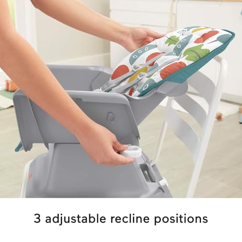 Fisher-Price SpaceSaver High Chair Navy Foliage, portable infant-to-toddler dining chair and booster seat with easy clean up features