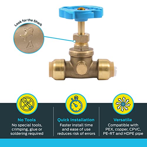 SharkBite 1/2 Inch Stop Valve with Drain and Vent, Push to Connect