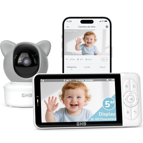 GHB WiFi Video and Audio Baby Monitor with App, 5 Inch IPS Monitor, 2K Camera, 350°/65° PTZ, 3000mAh, Motion Detection/Plant/Temperature, Night Vision