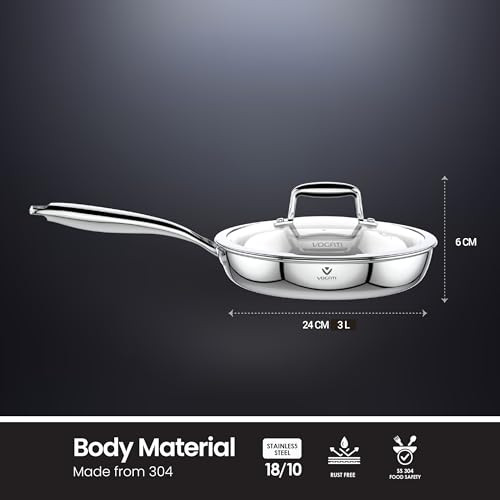 VOGATI FRY PAN 24CM TRY-PLY STAINLESS STEEL (3 LITRES) WITH GLASS LID -WELDED HANDLE-INDUCTION COMPATIBLE COVERED PAN-SHALLOW CASSEROLE - (100% PFOA FREE) (3 Litres)