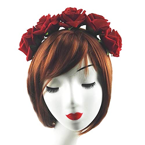 Rose Headband Flower Wreath Crown Hair Bands Big Floral Garland Christmas Hair Hoop Women Girl Hairband Party Decoration Headdress Cosplay Costume Headwear Handmade Headpiece Hair Accessories Burgundy