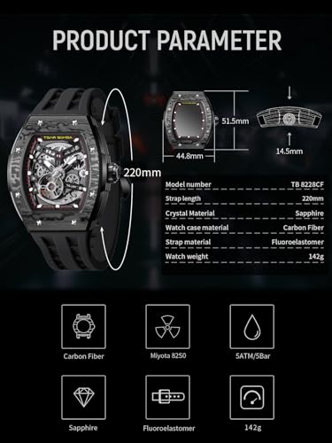 TSAR BOMBA Men's Automatic Watch Skeleton Watch Luxury Barrel Mechanical Watch 50m Waterproof Analog Watch