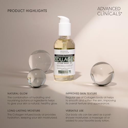 Advanced Clinicals Collagen Body Oil + Unscented Collagen Cream Body Lotion & Face Cream 2PC Beauty Skin Care Set For Women & Men For Improving Appearance Of Crepey Skin, Dry Skin, & Wrinkles, 2pc