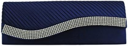 AITING Womens Satin Diamante Pleated Evening Clutch Bag Bridal Handbag Prom Purse (Navy Blue-4)
