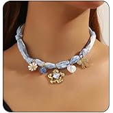 Fabric Scarf Necklac for Women,Vintage Bee Gemstone Choker Necklaces Boho Flowers Heart Pearl Multi Pendant Necklace Party Beach Fashion Jewelry