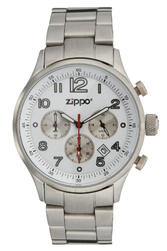 Zippo Sports Watch with Chronograph/White Dial and Solid Stainless Steel Band, Chrome