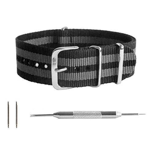 Benchmark Straps 24mm Black and Gray Striped Ballistic Nylon NATO Watchband + Spring Bar Removal Tool