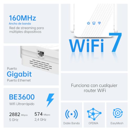 PLERY WiFi 7 Repeater BE3600 Dual Band WiFi Signal Amplifier 5G/2.4G up to 3600Mbps, Long Range WiFi Repeater with Gigabit, MLO and 4K-QAM Port, Compatible with EasyMesh and All Routers