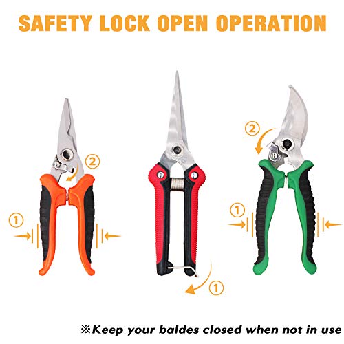 Steel Pruning Shears, Professional Gardening Shears, 3 Pcs Usefull Garden Trimming Scissor Set with Sharp and Durable Blades, Comfortable Handle, Safety Lock, Include a Storage Bag