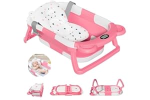 DAOLUAN Foldable Baby Bathtub with Cushion & Thermometer, Portable Travel Baby Bathtub with Drain Hole, Durable Foldable Bath Tub for Newborn Infant Baby 0-36 Months (Pink)