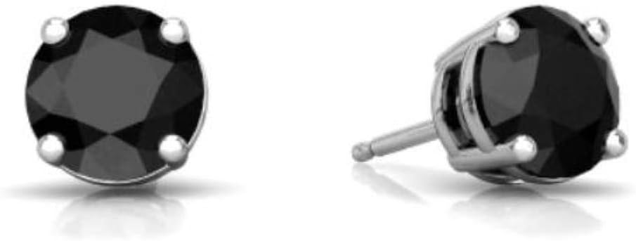 14Kt White Gold 4mm Genuine Black Onyx Round Stud Earrings