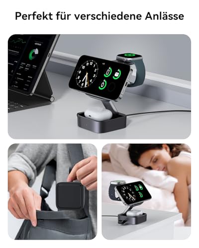 3-in-1 Charging Station for Apple, Magnetic Foldable Wireless Charger with Mag-Safe for iPhone 17e/17/16/15/14/13/12/Air Series, Apple Watch & AirPods Pro/4/3/2 with Quick Adapter