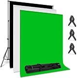 Amzdeal Photography Backdrop Stand 6.6 ft x 10 Photo Backdrop Stand Kit Washable White Black Green Background Stand Support System with 3 Clamps and a Carrying Bag