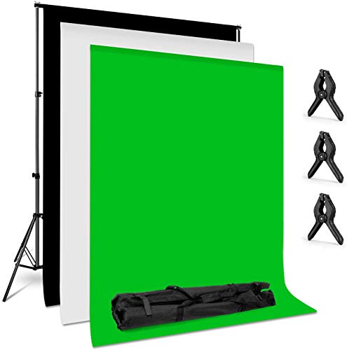 Amzdeal Photography Backdrop Stand 6.6 ft x 10 Photo Backdrop Stand Kit Washable White Black Green Background Stand Support System with 3 Clamps and a Carrying Bag
